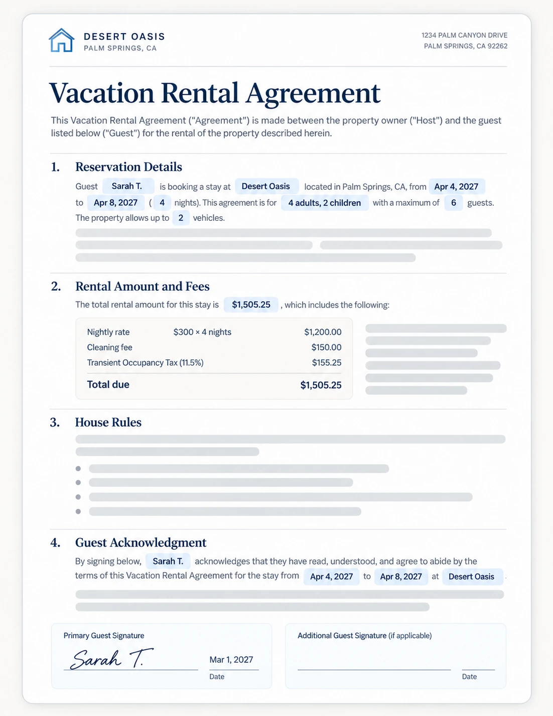 A Vacation Rental Agreement for Desert Oasis with reservation details, a rental amount and fees table, house rules, and guest signature lines