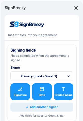 SignBreezy Sidebar panel in Google Docs showing the Signing fields box for the primary guest, with buttons to insert Signature, Date, and Printed name fields, plus an option to add another signer